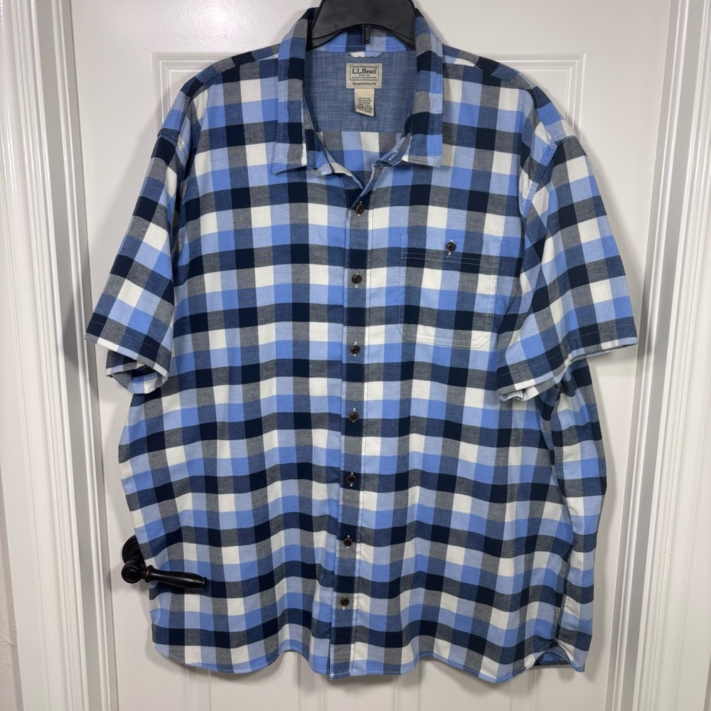 L.L. Bean Short Sleeve Button Down Flannel Shirt Men’s XXXL Tall Blue White